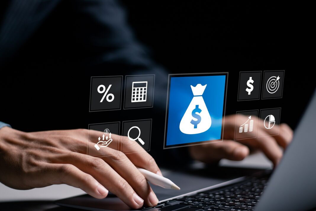 Investment,Concept.,Businessman,Use,Laptop,With,Financial,Investment,Icon,For